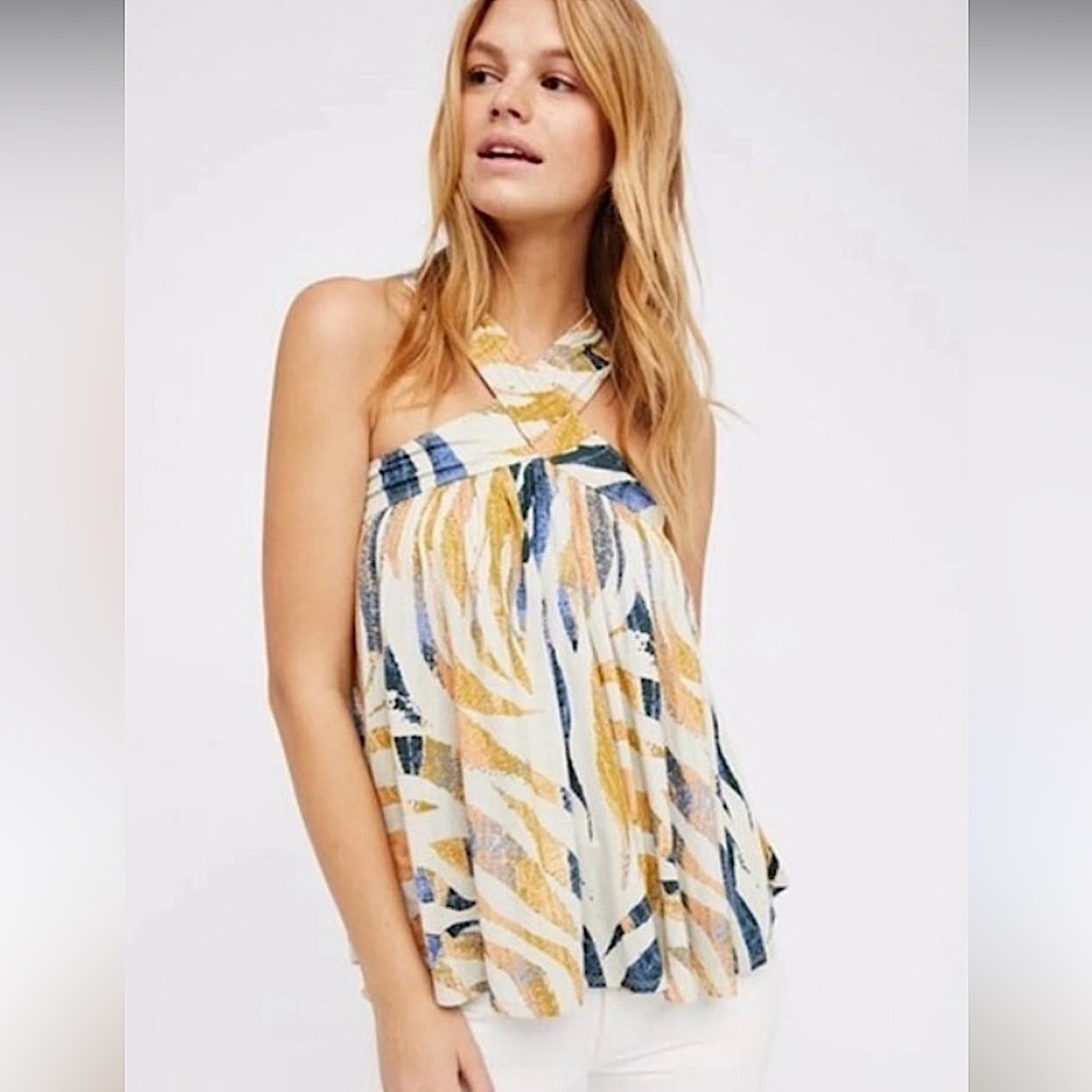 FP We The Free Yellow Blue Milly Babydoll Tank Top S Neutral Motif Boho Festival